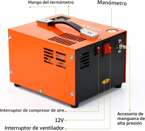 Miniatura 4 de Compresor de aire PCP portátil, 4500 PSI/30 MPa, libre de agua y aceite, 12 V CC/110 V CA de doble alimentación con convertidor de potencia, Naranja