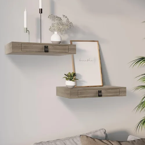 Juego de 2 estantes flotantes con cajón, mesita de noche para dormitorio, baño o cocina, estante de pared de 16 pies con almacenamiento, color gris