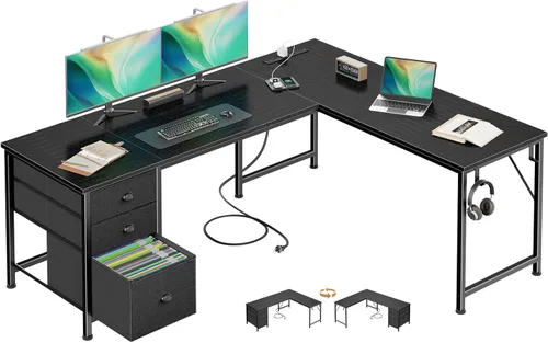 Miniatura 6 de Furologee 63" L Shaped Computer Desk with Power Outlet & USB-C Port, Reversible Home Office Desk with 2 Fabric Drawers, File Cabinet, Hooks, Large
