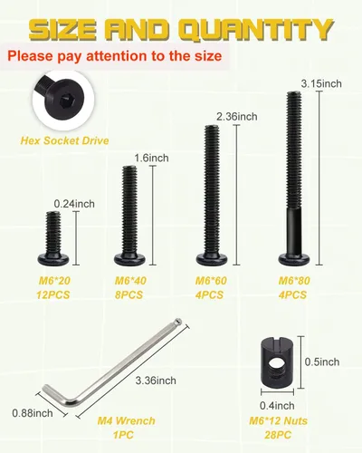 Miniatura 2 de Kit de repuesto de tornillos de cuna, 28 tornillos M6 y tuercas de barril para marco de cama, muebles, sillas y gabinetes, surtido de tornillos