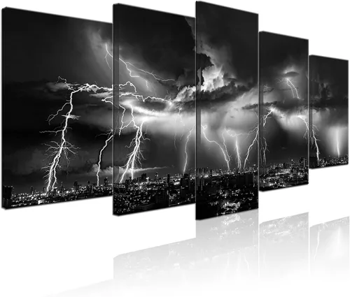 Biuteawal - Arte de pared en blanco y negro de la naturaleza, relámpagos en las nubes, pintura sobre lienzo, tormenta y vista nocturna de la ciudad,