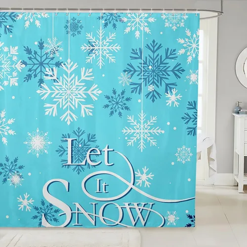 Miniatura 12 de Homewish Cortina de ducha de árbol de Navidad, juego de cortina de ducha de baño con diseño de copo de nieve dorado para niños y adultos, cortina