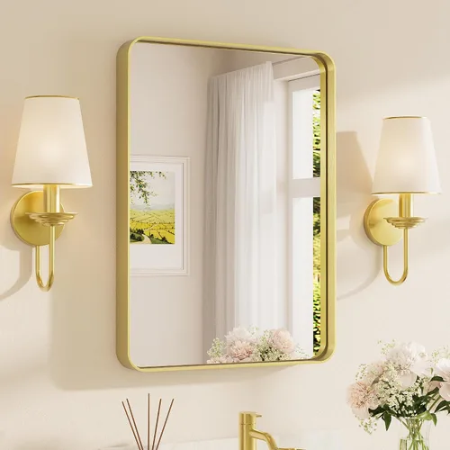 Miniatura 59 de TETOTE Espejo de marco dorado cepillado de 16 x 24 pulgadas, espejo de tocador de baño de latón dorado para pared, espejo enmarcado rectangular