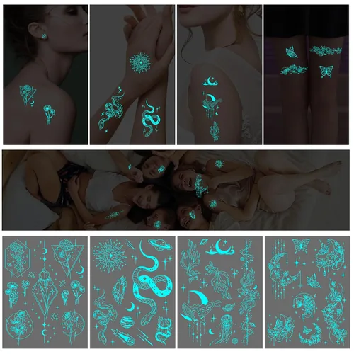 Miniatura 6 de Konsait 10 hojas de tatuajes temporales que brillan en la oscuridad para mujeres y niñas, tatuajes faciales brillantes para niños, serpiente