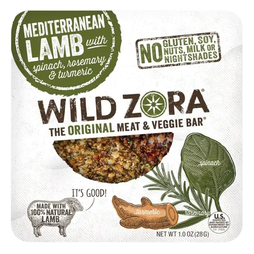 Wild Zora Barritas de carne y verduras, cordero mediterráneo, paquete de 8, 100% cordero alimentado con hierba, aperitivos paleo saludables de