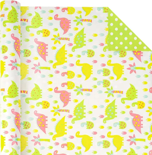 Miniatura 2 de WRAPAHOLIC Papel de regalo reversible, mini rollo, 17 pulgadas x 33 pies, diseño de dinosaurio y lunares para cumpleaños de niños, fiestas, baby
