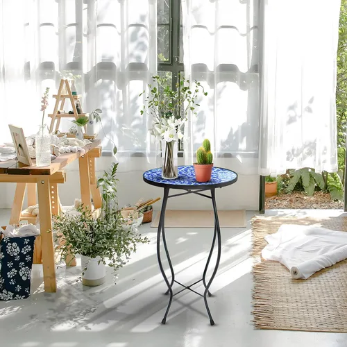 Miniatura 2 de Arbuxzuy Mesa auxiliar pequeña de 12 pulgadas para exteriores con mosaico azul-blanco, mesa de patio con mosaico de vidrio para interiores, mesa