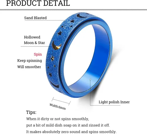 Miniatura 2 de OreilleStar Anillo de ansiedad para mujer, anillo giratorio de acero inoxidable, juguetes para ansiedad para adultos, luna y estrella, azul, tamaño 8