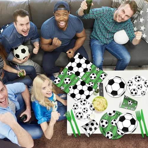 Miniatura 3 de Juego de vajilla para fiesta de fútbol, 142 piezas de platos y servilletas para fiesta, incluye bandera, platos, vasos, servilletas, mantel