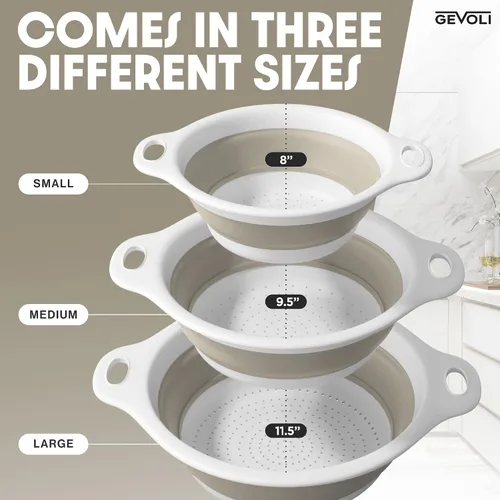 Miniatura 3 de Gevoli Coladores plegables (juego de 3) coladores de alimentos con base de drenaje de agua sobre el fregadero para pasta, frutas y verduras, Blanco