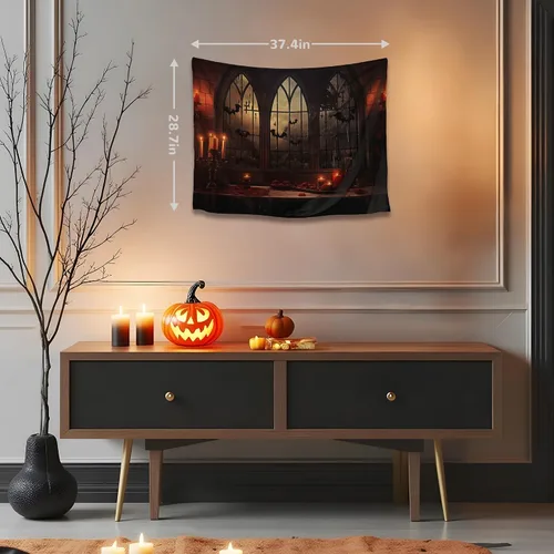 Miniatura 4 de QGHOT Tapiz de Halloween para colgar en la pared, tapiz de castillo de terror con ventana gótica, fondo espeluznante medieval, tapices