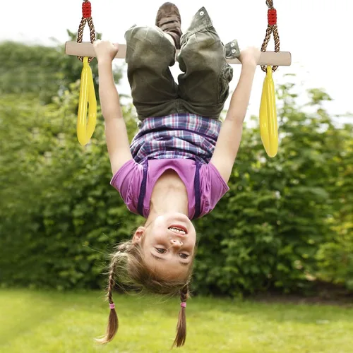 Miniatura 7 de PELLOR - Barra de trapecio de madera para juegos infantiles con anillos de gimnasio de plástico, juego de columpio para diversión en interiores