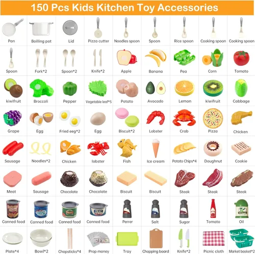 Miniatura 3 de Juego de cocina de 150 piezas, accesorios de utensilios de cocina de juguete para niños pequeños, comida, manta de picnic, frutas, verduras, paquete