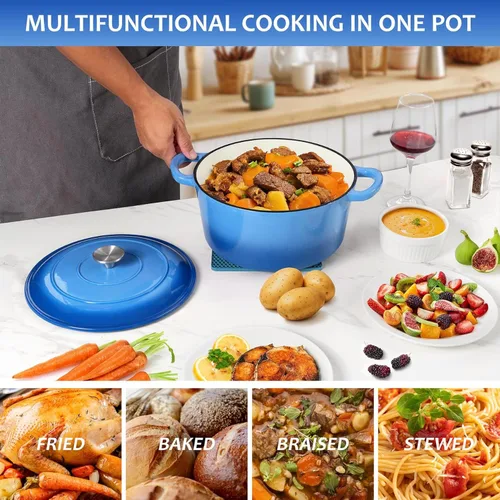 Miniatura 4 de LIANYU Horno holandés de hierro fundido esmaltado con tapa, olla redonda resistente de 6 cuartos de galón con salvamanteles de silicona, utensilios