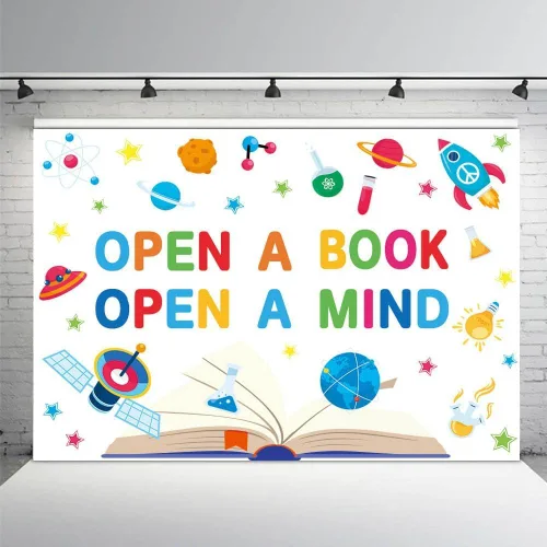 Miniatura 10 de AIBIIN Telón de fondo para fotografía del Día Mundial del Libro de 7 x 5 pies para fotografía Abrir un libro Abrir una mente Niños Estudiantes Aula
