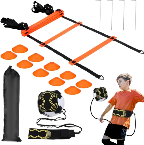 Pro Agility - Escalera de fútbol de 20 pies, 12 peldaños 10 conos y 4 estacas, equipo de entrenamiento de fútbol con bolsa de transporte
