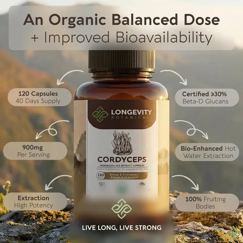 Miniatura 4 de Longevity Botanicals Cápsulas orgánicas de hongos Cordyceps Extracto de suplemento de 120 unidades Cuerpo fructífero Cordyceps Militaris ≥30%