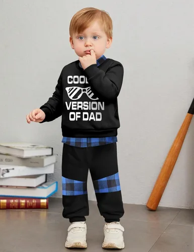 Miniatura 2 de Conjunto de 2 piezas de ropa para niños pequeños, camisa a cuadros con estampado de letras y pantalones largos, 2 piezas para otoño e invierno