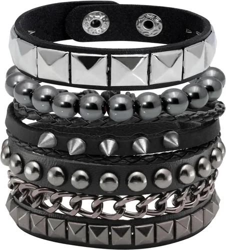 Miniatura 5 de Eigso Juego de 4 pulseras de cuero punk, con tachuelas de roca para hombres y mujeres, estilo retro, clásico, con pinchos, de metal, para hombre