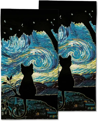 Paquete de 2 toallas de mano para baño, toallas decorativas de noche estrellada de gato negro, toallas suaves altamente absorbentes para baño, Gato