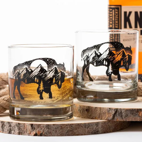 Miniatura 3 de Juego de vasos de whisky Black Lantern Buffalo Landscape de 2 vasos de 11oz con base pesada para bourbon, whisky y cócteles Regalo