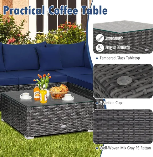 Miniatura 5 de Tangkula Juego de muebles de mimbre de patio de 7 piezas, juego de sofá modular de ratán para 6 personas con cojines de asiento y respaldo, 2 Azul
