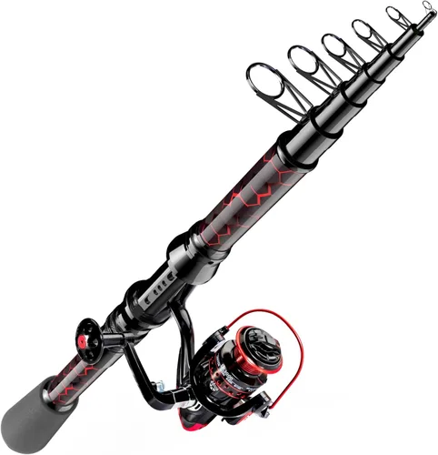 Combos de caña de pescar y carrete, diseño único con pintura X-Warping, caña de pescar telescópica de fibra de carbono con carrete combinado con Rojo