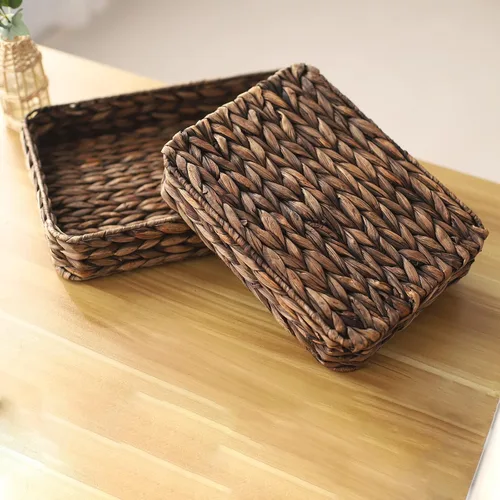 Miniatura 6 de Bandeja de servir tejida de jacinto de agua rectangular Bandejas de almacenamiento de mimbre tejidas a mano para café/desayuno/postre/fruta/pan