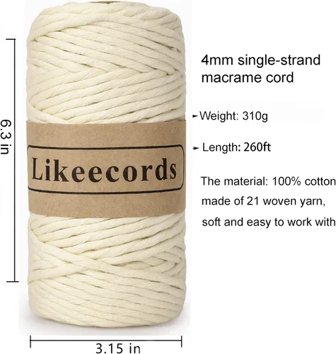 Miniatura 2 de Likeecords Cuerda de macramé de 4mm de un solo hilo, 80m de algodón natural más suave para decoraciones hechas a mano, bohemia, para colgar