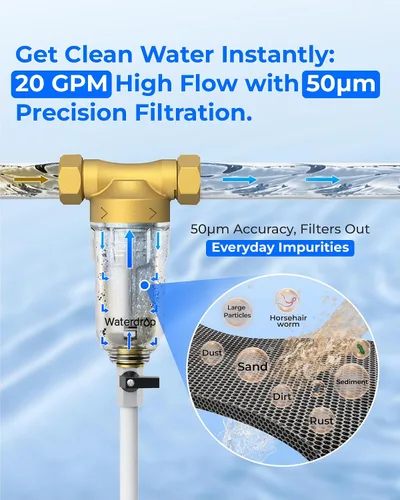 Miniatura 4 de Waterdrop Filtro de sedimentos giratorio, con soporte, sistema de filtro de agua para toda la casa para agua de pozo, 1 pulgada MNPT + 3/4 pulgadas