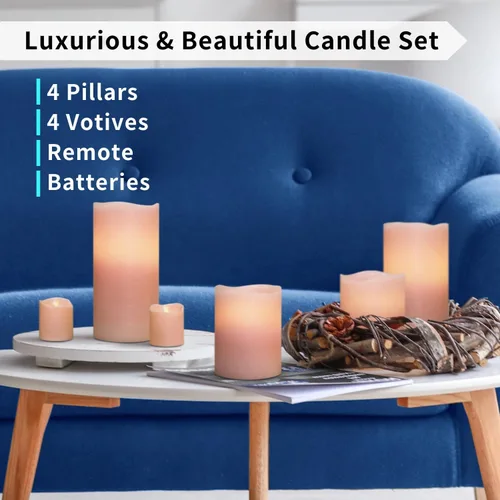 Miniatura 6 de FURORA LIGHTING Velas sin llama de cera real rosa con control remoto y temporizador, 4 pilares y 4 votivas, paquete de 8, velas LED parpadeantes