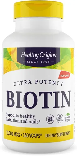 Healthy Origins Biotina 10,000 mcg (10 mg), 150 cápsulas vegetales – Suplemento de vitamina B7 de grado USP de alta potencia – Apoya el crecimiento