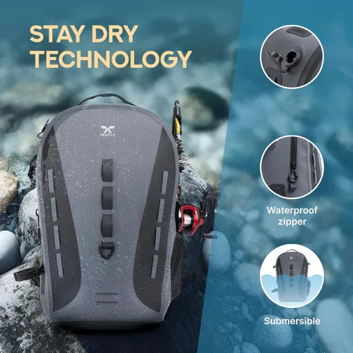 Miniatura 2 de Xelfly Mochila de pesca impermeable G2 con soporte para caña, válvula de aire inflable, correas acolchadas para la cintura y bucles para engranajes
