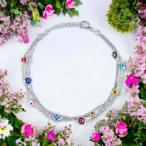 Miniatura 7 de Pulseras de plata de ley 925 con protección de cadena de triple capa, pulsera azul Ojo Turco para mujer, joyería bohemia delicada para mujer