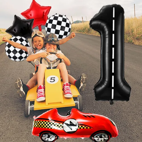 Miniatura 6 de Decoraciones de cumpleaños de carreras de 1 año, globos rojos grandes de coche de carreras de 40 pulgadas, globo negro número 1, globo a cuadros