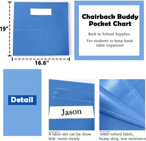 Miniatura 2 de Organizador colgante para silla de aula, bolsa de almacenamiento con bolsillo para asiento de estudiante, suministros escolares para niños, 10