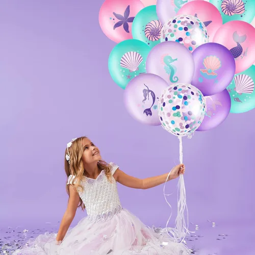 Miniatura 7 de Zomiboo Juego de 36 globos de sirena de 12 pulgadas, globos de confeti de sirena, morado, rosa, verde, verde azulado para niños, princesa, niña