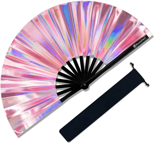 Miniatura 11 de Ventilador grande para rave, ventilador de mano plegable Clack con tela de primera calidad, marco de bambú grueso para hombres y mujeres, regalo