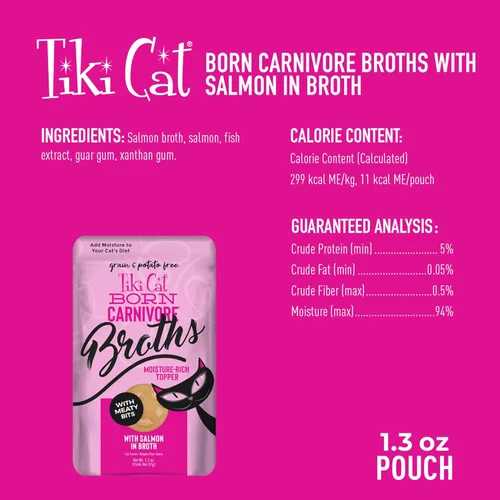 Miniatura 3 de Tiki Cat Born Carnivore Broths, receta de salmón, suplemento de hidratación y sabor, suplemento de comida para gatos, bolsa de 1.3 onzas
