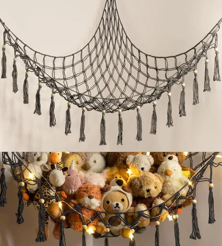 Miniatura 14 de Hamaca de almacenamiento para juguetes de animales de peluche con luz LED - Organizador de habitación jumbo de macramé para muñecas, decoración