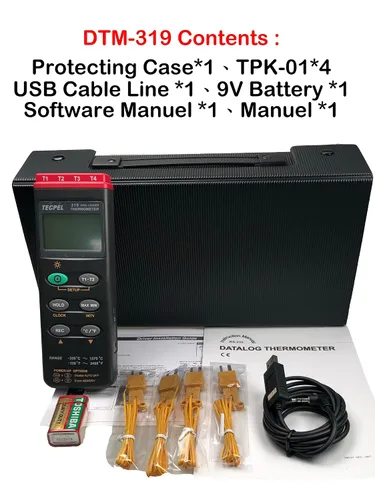 Miniatura 5 de TECPEL DTM-319 Termómetro de registrador de datos de termopar tipo K de cuatro canales fabricado en Taiwán (TPK-01 4 piezas incluidas)