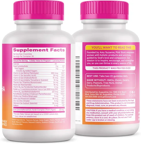 Miniatura 8 de Pink Stork Vitaminas gomosas prenatales prémium Algas veganas DHA + folato metilado + metilcobalamina Apto para MTHFR Sin hierro Sin regusto