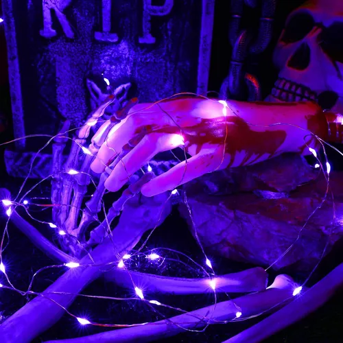 Miniatura 6 de BrizLabs Luces moradas de Halloween, 19.47 pies, 60 luces LED de Halloween, 8 modos de luz morada con control remoto, luz parpadeante impermeable al