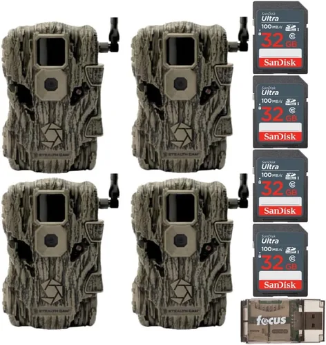 Stealth Cam Cámara Fusion X Trail de 26MP (at y T, paquete de 4) con tarjeta SD de 32 GB (paquete de 4) y lector de tarjetas (9 artículos)