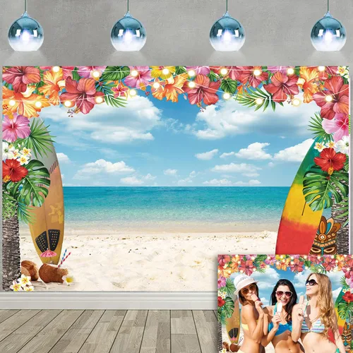 Miniatura 10 de Telón de fondo de playa de Hawaii de verano de 7 x 5 pies, Aloha con palmera tropical, cielo azul, océano, tabla de surf, fondo de fotografía