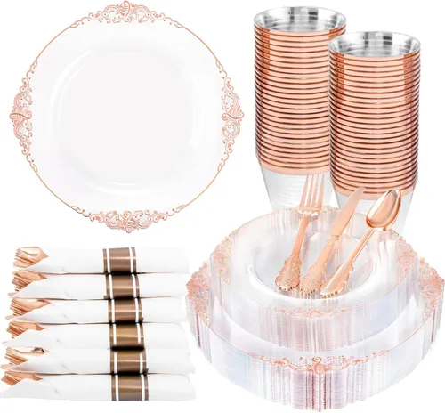 Miniatura 22 de Nervure 175 platos de plástico dorado transparente, platos desechables dorados para fiestas y servilletas preenrolladas con cubiertos para 25 Claro