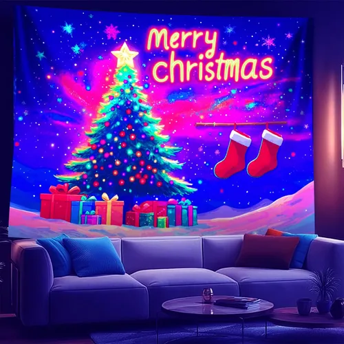 Miniatura 8 de NYZE - Tapiz de Navidad con Papá Noel, tapiz de luz negra que brilla en la oscuridad, colgante de pared, banner festivo, decoración para fiesta