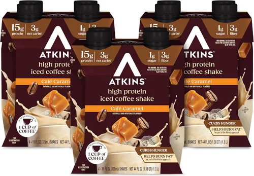 Atkins Café Caramel - Batido de proteínas con sabor a café helado con caramelo, batido alto en proteínas, bajo glucémico, bajo en carbohidratos y