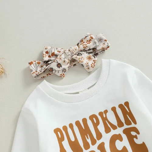 Miniatura 3 de wdehow Conjunto de sudadera de manga larga con estampado de letras y pantalones acampanados de calabaza, ropa de otoño