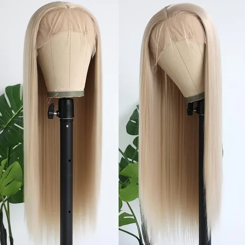 Miniatura 11 de Peluca rubia sintética con encaje frontal, predepilada 613, peluca de cabello largo para mujer, peluca sedosa y recta con parte media sin pegamento